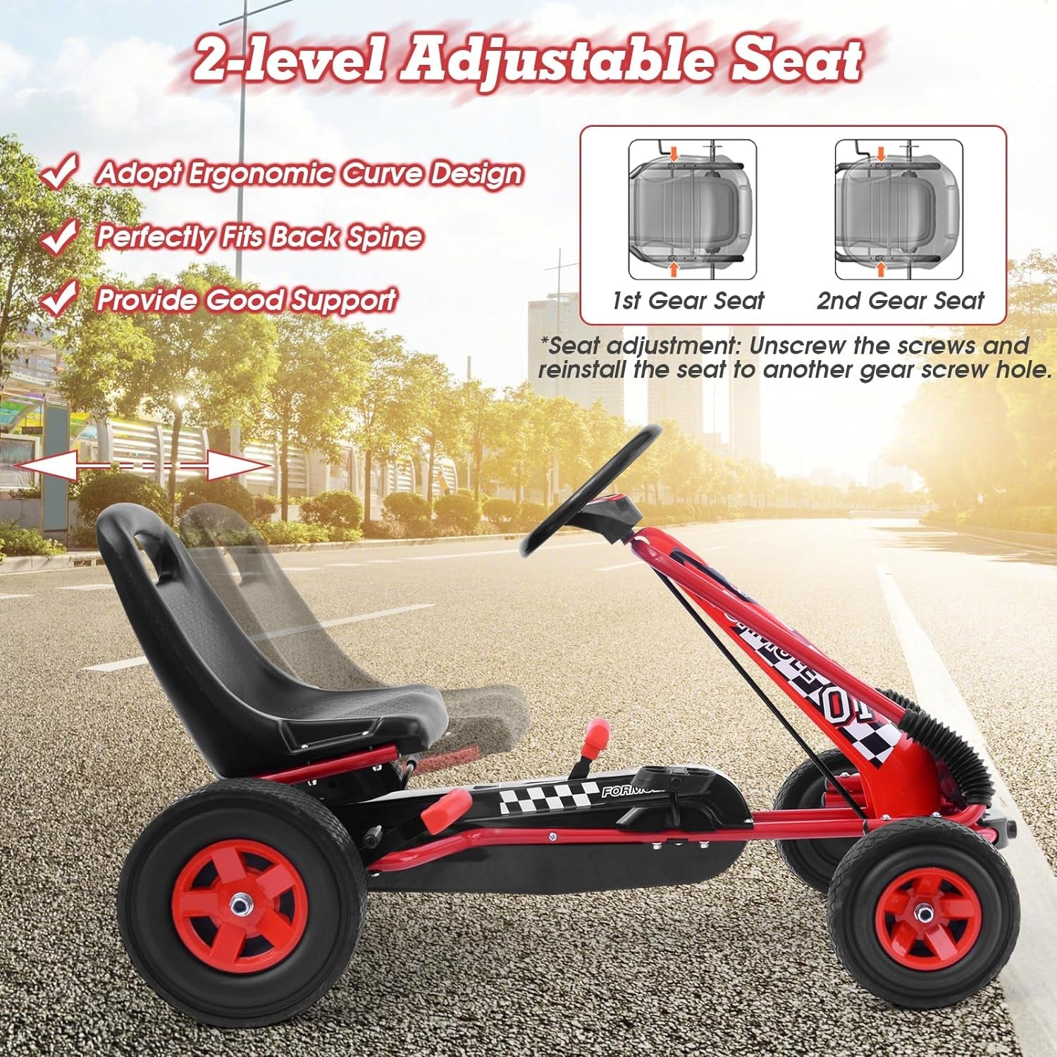 Go Kart for Kids, 4 Wheel Quad Off-Road Pedal on Foot Go Cart W/Steering Wheels & Adjustable Seat, 2 Safety Brakes, EVA Tires, Clutch, Outdoor Racer Ride on Pedal Car (Red)