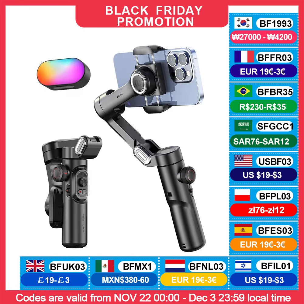 AOCHUAN 3-Axis Handheld Gimbal Stabilizer for Smartphone with Fill Light for Iphone Android Face Tracking Tiktok Vlog Smart XE